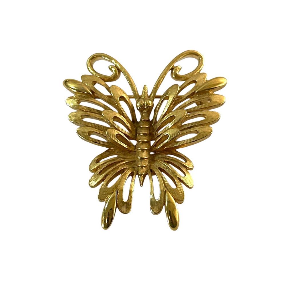 Vintage Monet Gold Tone Butterfly Brooch Pin 2” Openwork Statement Jewelry